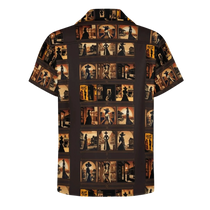 Sonoma Rebel Men's short-sleeve Cuban collar shirt in brown with an all-over print of vintage saloon scenes and women in western attire.