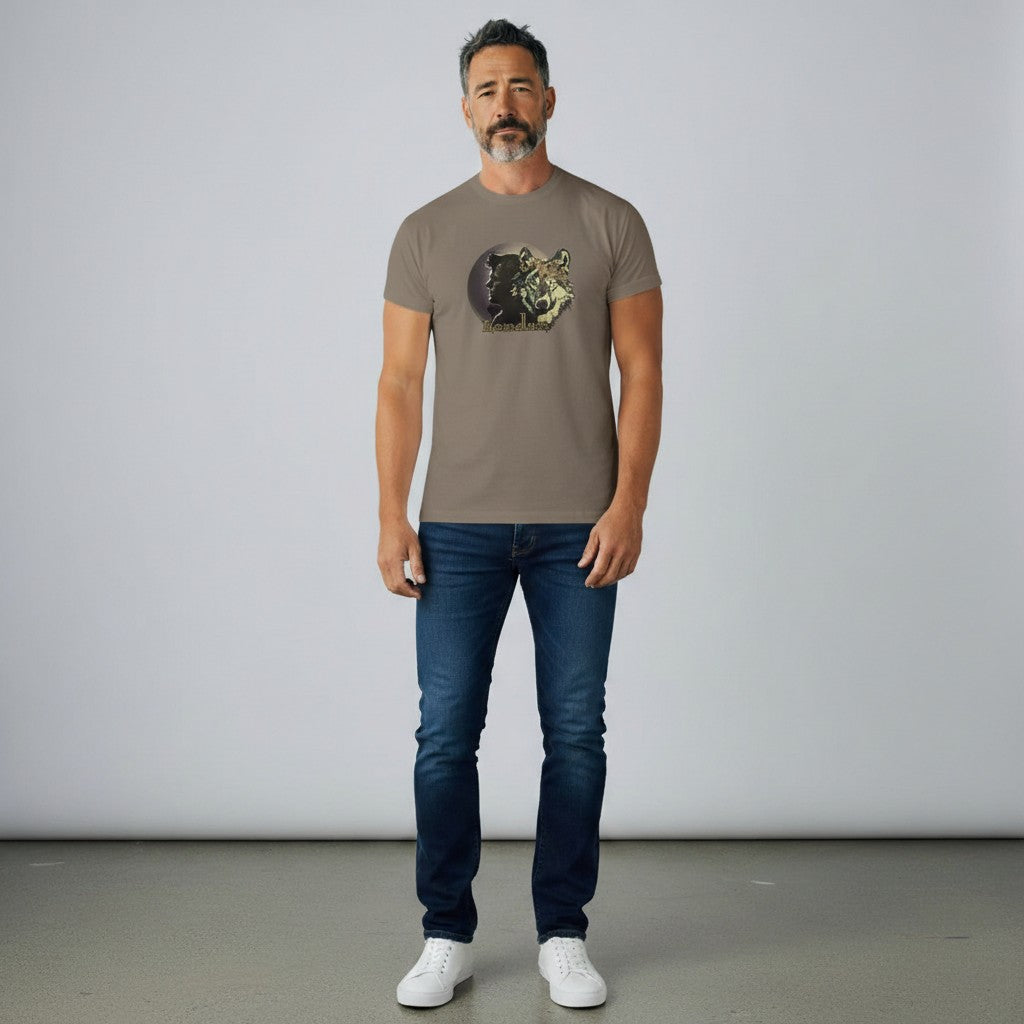 Sonoma Rebel Men's T-Shirt in taupe with a graphic of a wolf's head and a profile silhouette with the word "London" below.