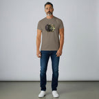 Sonoma Rebel Men's T-Shirt in taupe with a graphic of a wolf's head and a profile silhouette with the word "London" below.