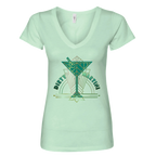 Sonoma Rebel light mint green v-neck t-shirt with a geometric dirty martini graphic in shades of green and gold.