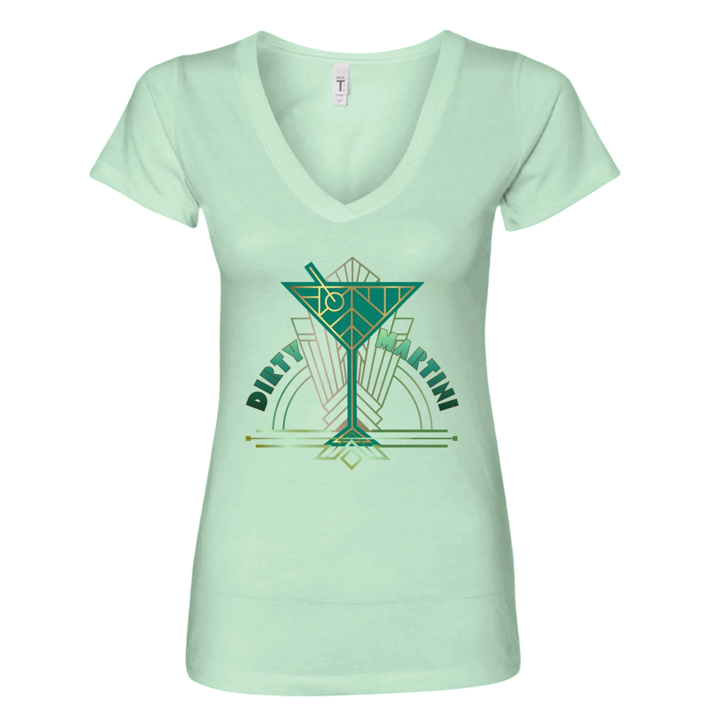 Sonoma Rebel light mint green v-neck t-shirt with a geometric dirty martini graphic in shades of green and gold.