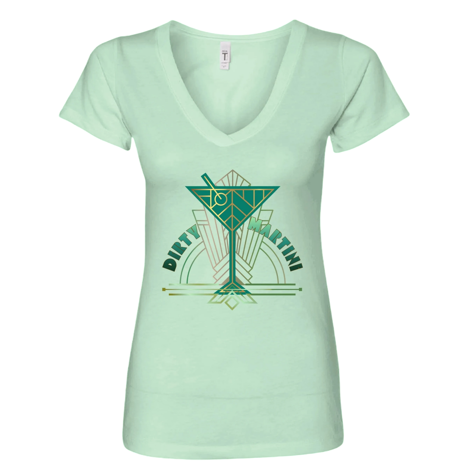 Sonoma Rebel light mint green v-neck t-shirt with a geometric dirty martini graphic in shades of green and gold.