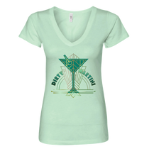Sonoma Rebel light mint green v-neck t-shirt with a geometric dirty martini graphic in shades of green and gold.