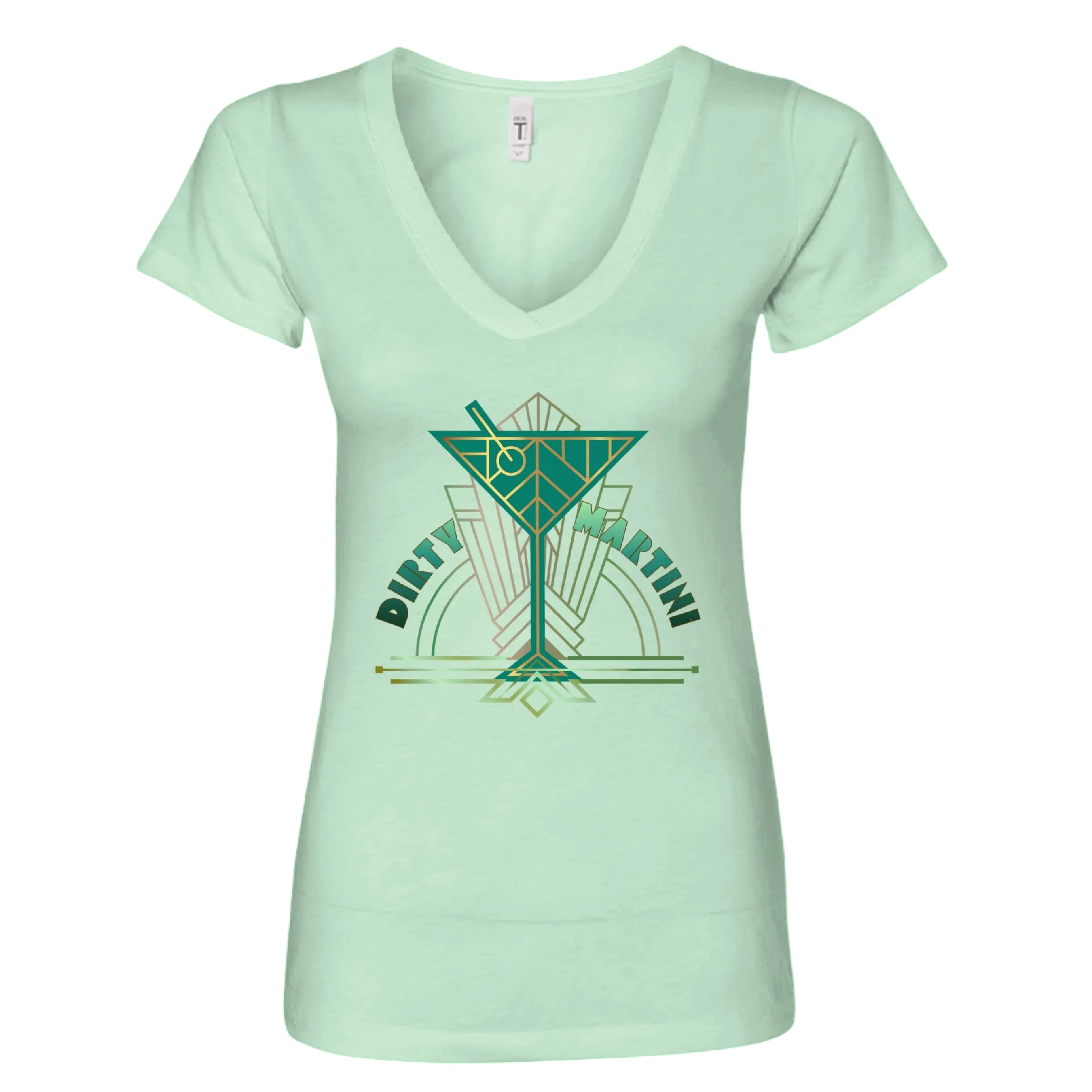 Sonoma Rebel light mint green v-neck t-shirt with a geometric dirty martini graphic in shades of green and gold.