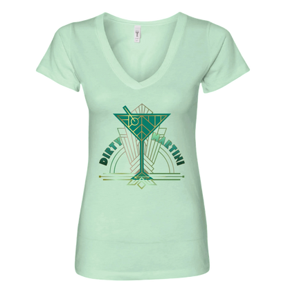 Sonoma Rebel light mint green v-neck t-shirt with a geometric dirty martini graphic in shades of green and gold.