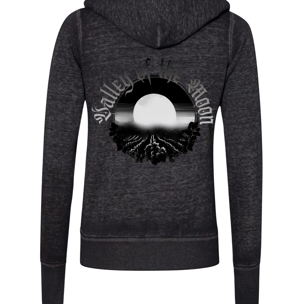 Sonoma Rebel Misty Moon Women's charcoal grey burnout fleece full zip hoodie with graphic.