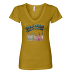 Sonoma Rebel mustard yellow V-neck t-shirt with "SONOMA CALIFORNIA" graphic and colorful wine bottles.