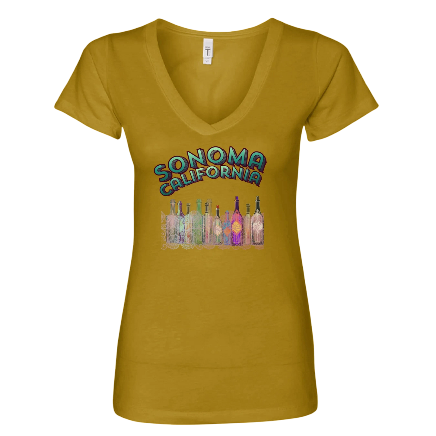Sonoma Rebel mustard yellow V-neck t-shirt with "SONOMA CALIFORNIA" graphic and colorful wine bottles.