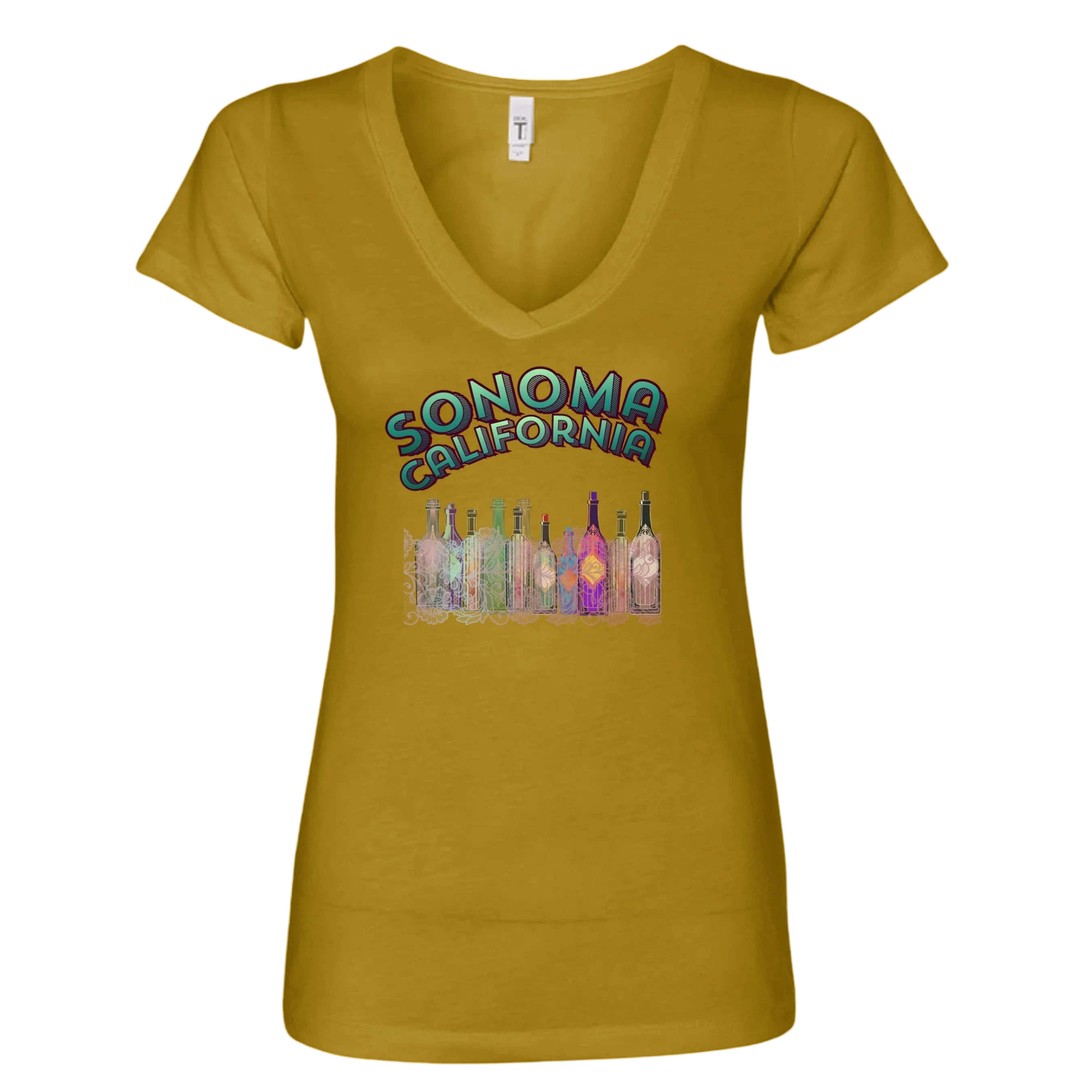 Sonoma Rebel mustard yellow V-neck t-shirt with "SONOMA CALIFORNIA" graphic and colorful wine bottles.