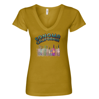 Sonoma Rebel mustard yellow V-neck t-shirt with "SONOMA CALIFORNIA" graphic and colorful wine bottles.