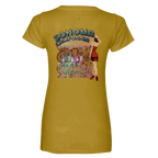 Sonoma Rebel women's mustard yellow V-neck t-shirt with a graphic print of wine bottles and a pin-up girl.