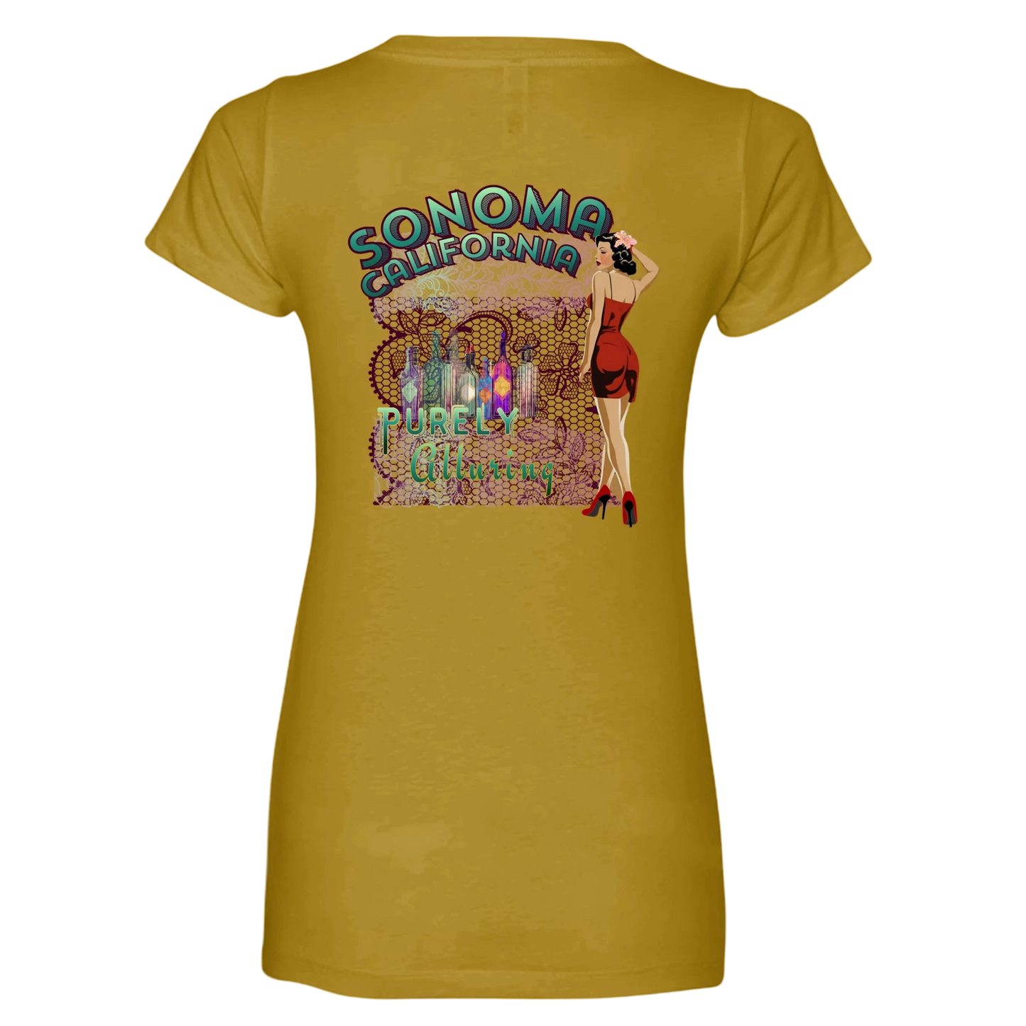 Sonoma Rebel women's mustard yellow V-neck t-shirt with a graphic print of wine bottles and a pin-up girl.