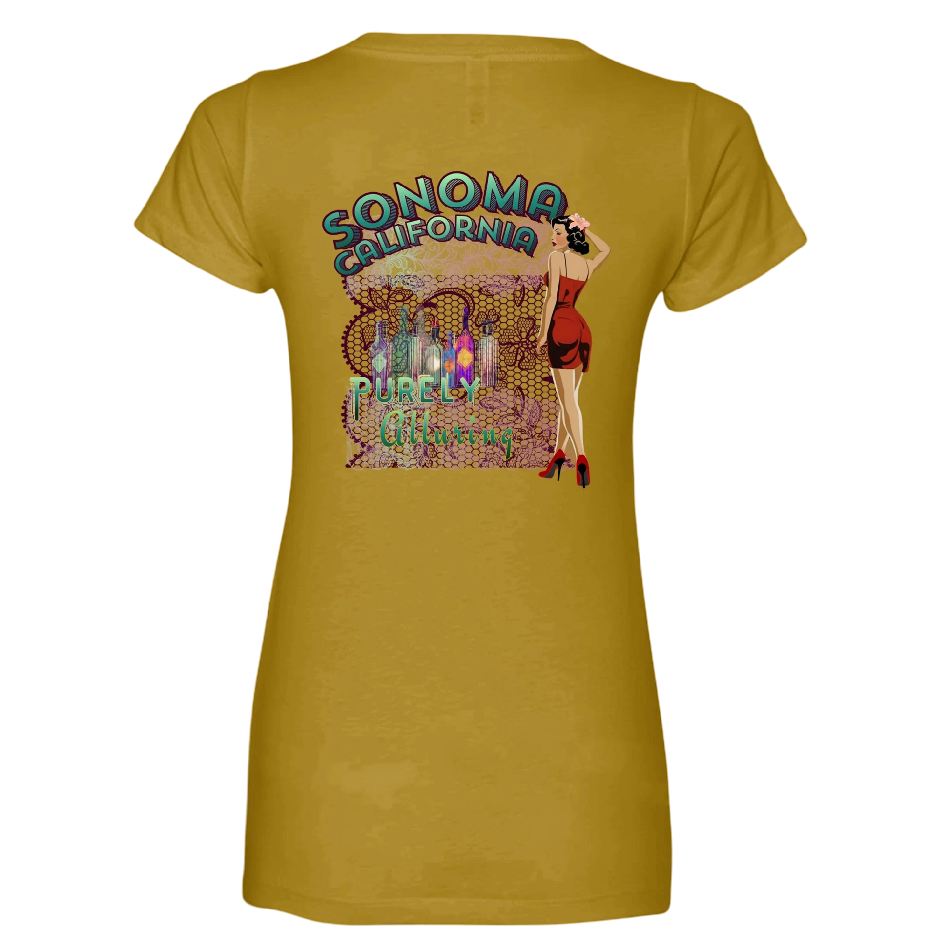 Sonoma Rebel women's mustard yellow V-neck t-shirt with a graphic print of wine bottles and a pin-up girl.