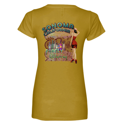 Sonoma Rebel women's mustard yellow V-neck t-shirt with a graphic print of wine bottles and a pin-up girl.