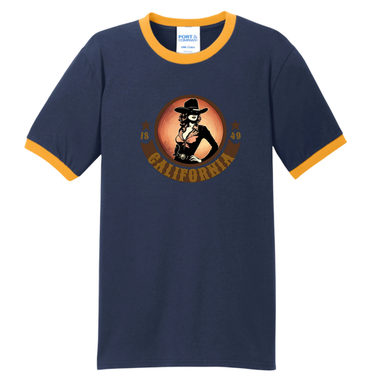 Sonoma Rebel navy blue cotton ringer tee with yellow trim and a vintage California graphic featuring a woman in a cowboy hat.