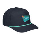 Sonoma Rebel navy blue cotton blend golf cap with a contrasting aqua rope detail and a vintage cocktail sign patch.