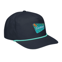 Sonoma Rebel navy blue cotton blend golf cap with a contrasting aqua rope detail and a vintage cocktail sign patch.