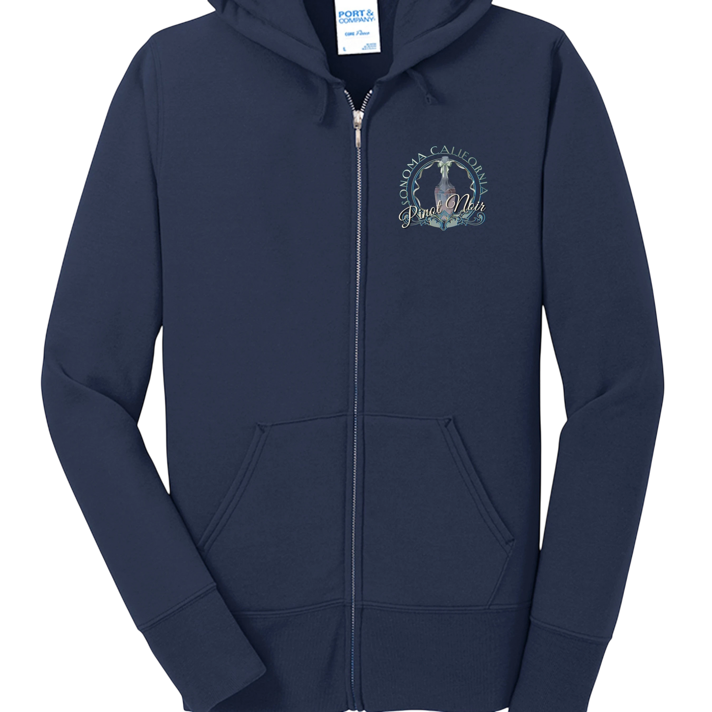 Sonoma Rebel navy blue full-zip hooded sweatshirt with a "Pinot Noir" graphic on the left chest.