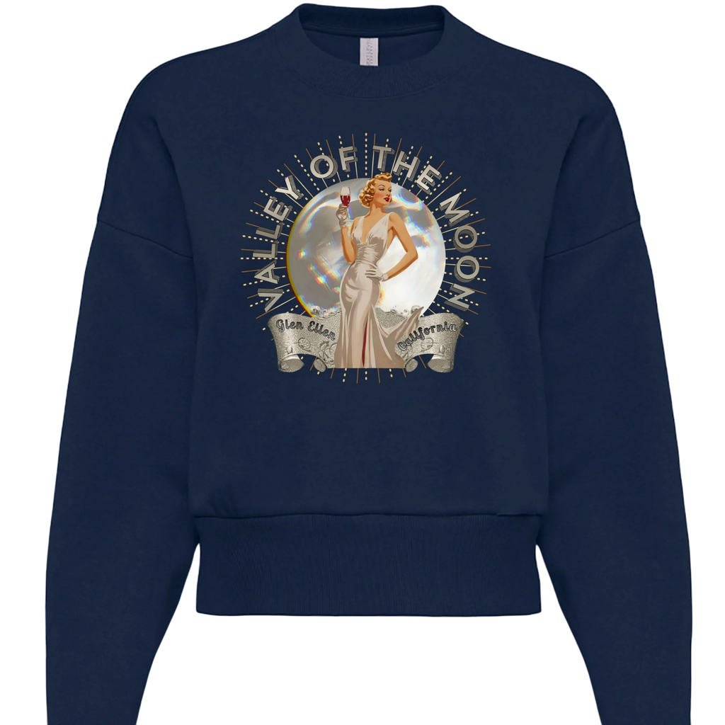 Sonoma Rebel navy blue cotton blend oversized sweatshirt with a vintage graphic of a woman in a white dress holding a wine glass in front of the moon.