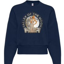 Sonoma Rebel navy blue cotton blend oversized sweatshirt with a vintage graphic of a woman in a white dress holding a wine glass in front of the moon.
