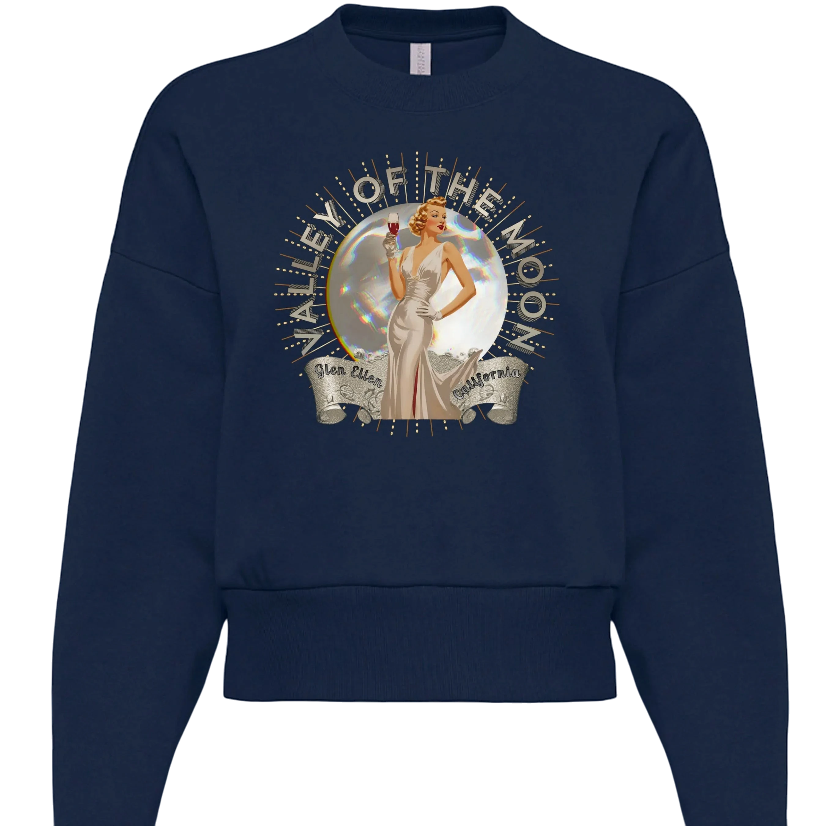 Sonoma Rebel navy blue cotton blend oversized sweatshirt with a vintage graphic of a woman in a white dress holding a wine glass in front of the moon.