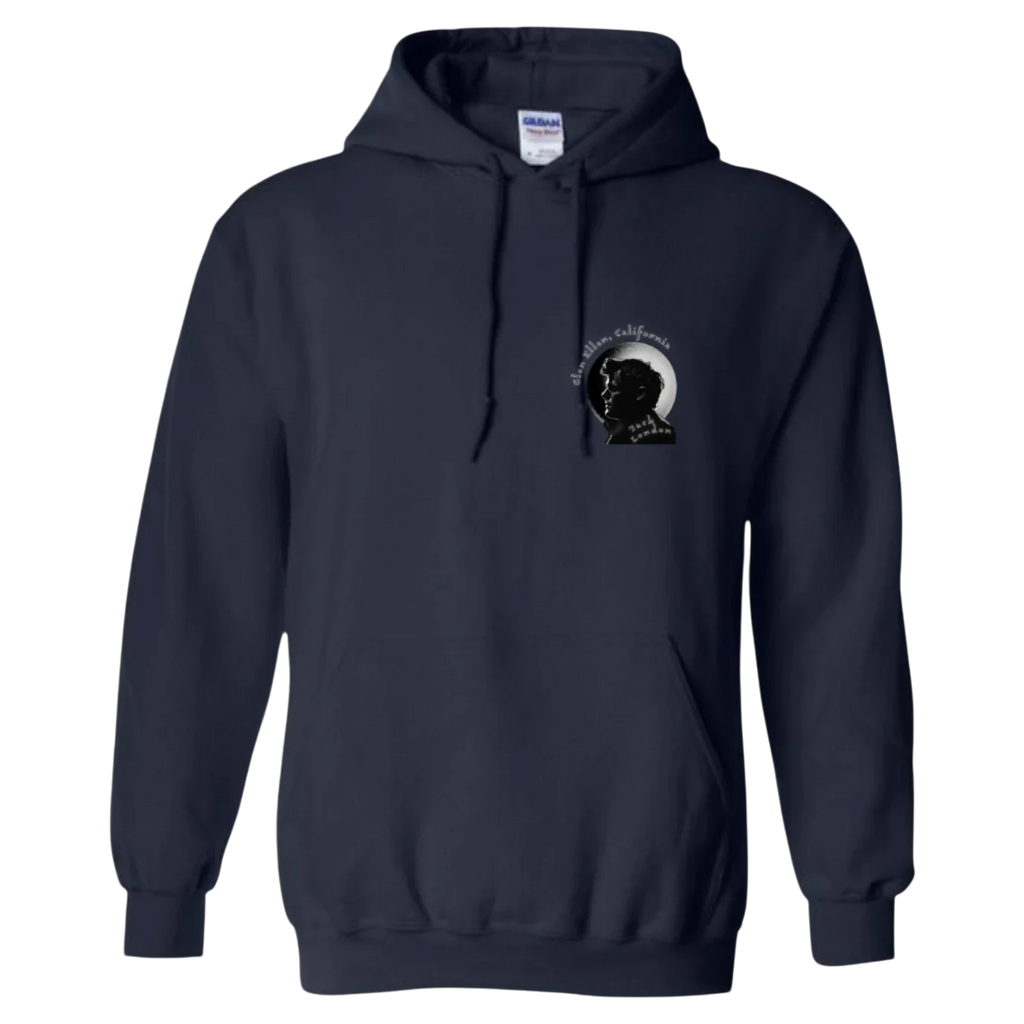 Sonoma Rebel navy blue cotton blend men's hoodie with a chest graphic of Jack London's profile and text.