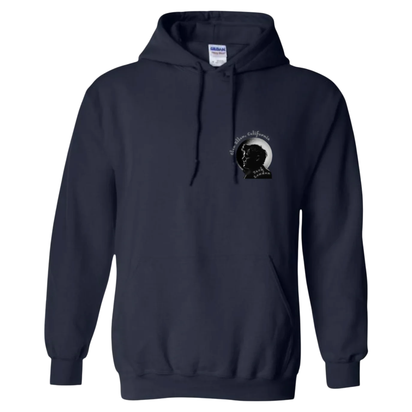 Sonoma Rebel navy blue cotton blend men's hoodie with a chest graphic of Jack London's profile and text.