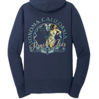 Sonoma Rebel navy blue fleece zip-up hoodie with a graphic print of a pin-up girl and "Pinot Noir Sonoma California" text.