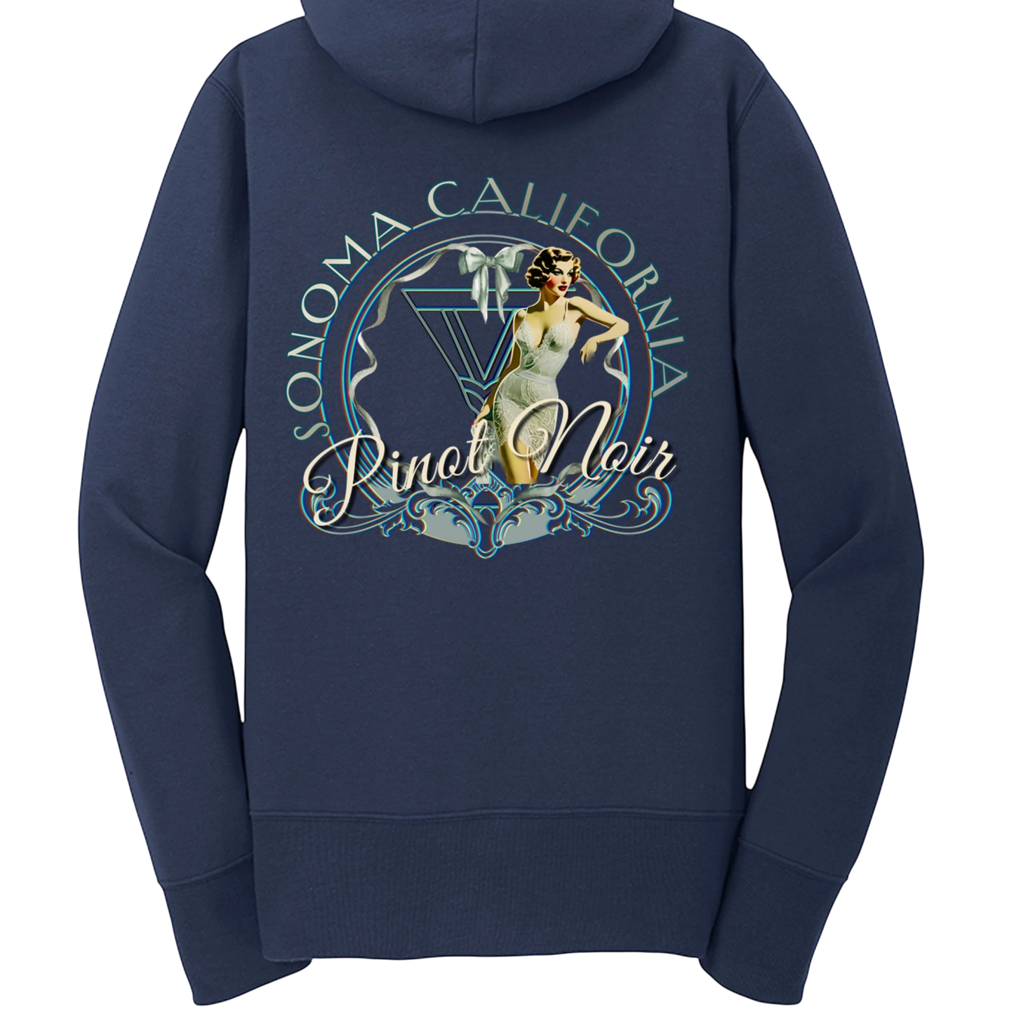 Sonoma Rebel navy blue fleece zip-up hoodie with a graphic print of a pin-up girl and "Pinot Noir Sonoma California" text.