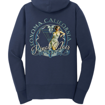 Sonoma Rebel navy blue fleece zip-up hoodie with a graphic print of a pin-up girl and "Pinot Noir Sonoma California" text.