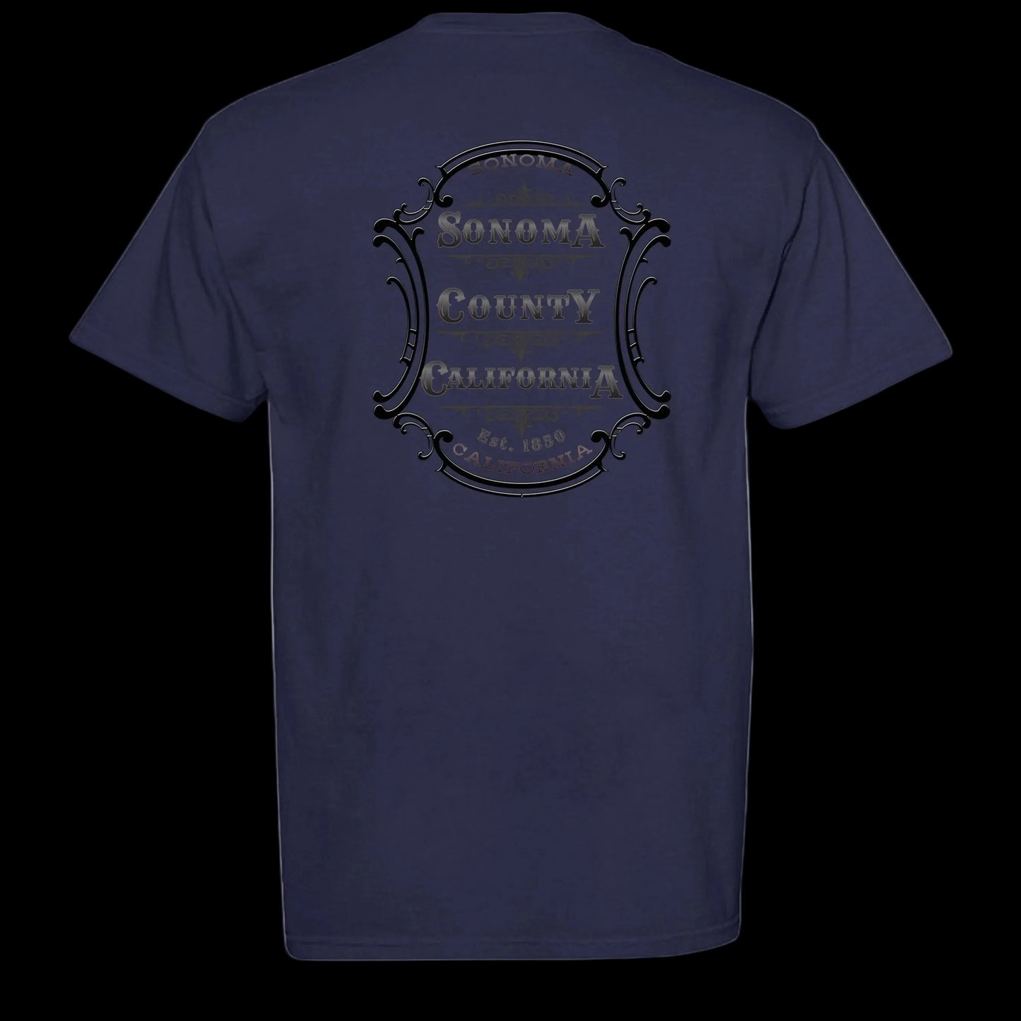 Sonoma Rebel navy blue t-shirt with vintage Sonoma County California Est. 1950 emblem on back. Comfortable cotton tee.