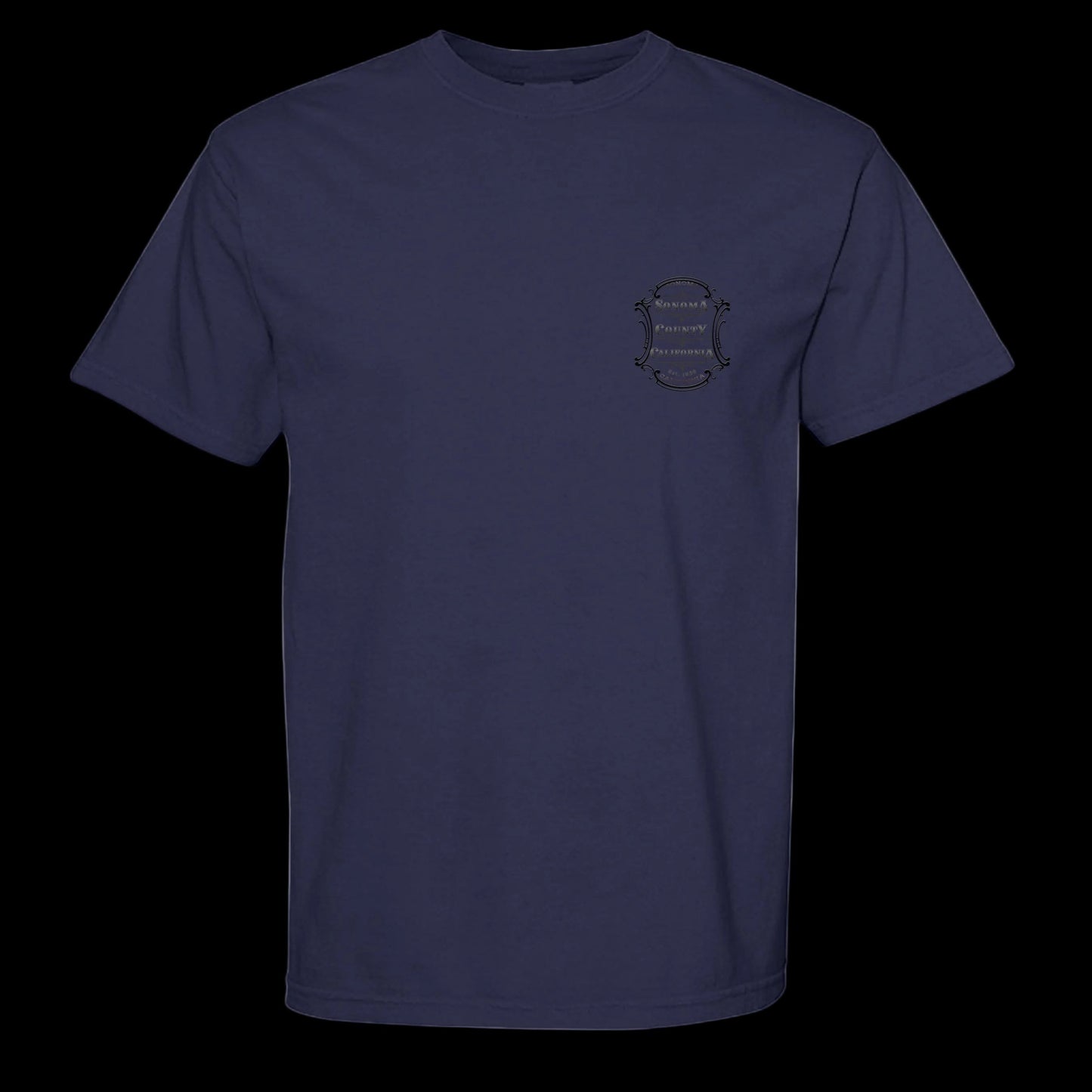 Sonoma Rebel navy blue cotton t-shirt with vintage Sonoma County California emblem on the chest. Short sleeves, crew neck.