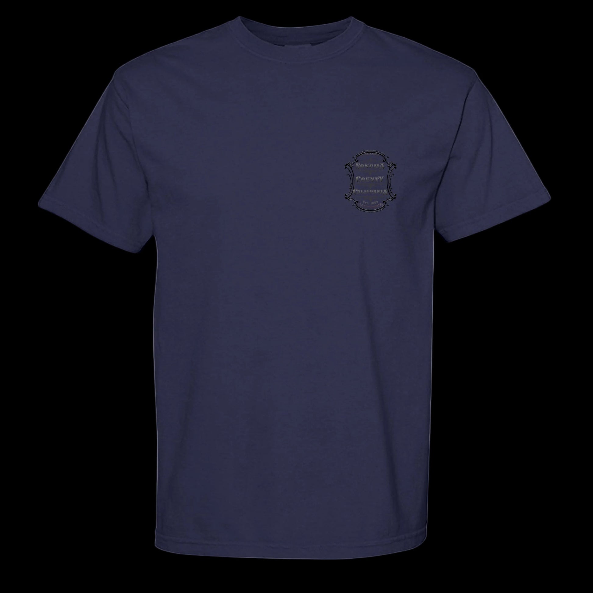 Sonoma Rebel navy blue cotton t-shirt with vintage Sonoma County California emblem on the chest. Short sleeves, crew neck.