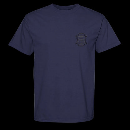 Sonoma Rebel navy blue cotton t-shirt with vintage Sonoma County California emblem on the chest. Short sleeves, crew neck.