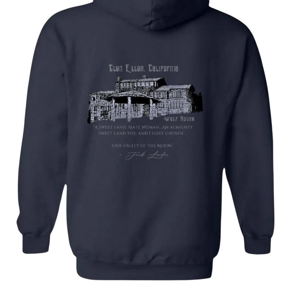 Sonoma Rebel navy blue men's midweight fleece hoodie with a graphic print of Wolf House in Glen Ellen, California and a quote from Jack London.