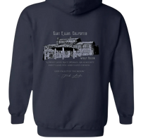Sonoma Rebel navy blue men's midweight fleece hoodie with a graphic print of Wolf House in Glen Ellen, California and a quote from Jack London.