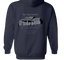 Sonoma Rebel navy blue men's midweight fleece hoodie with a graphic print of Wolf House in Glen Ellen, California and a quote from Jack London.