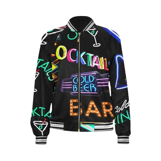 Sonoma Rebel women's black bomber jacket with a vibrant neon cocktail and bar sign print. Features ribbed collar, cuffs, and hem.