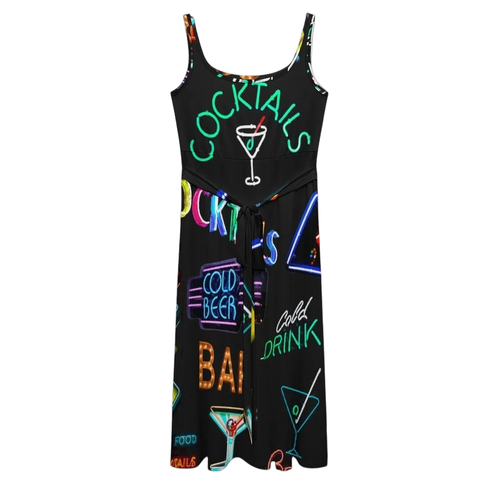 Sonoma Rebel black sleeveless midi dress with neon cocktail and bar signs print, tie waist, and scoop neck.