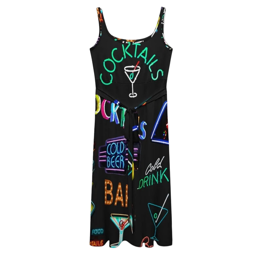 Sonoma Rebel black sleeveless midi dress with neon cocktail and bar signs print, tie waist, and scoop neck.
