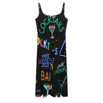Sonoma Rebel black sleeveless midi dress with neon cocktail and bar signs print, tie waist, and scoop neck.