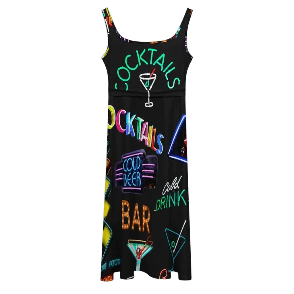 Sonoma Rebel black sleeveless midi dress with a vibrant neon cocktail and bar sign print. Features a tie waist and scoop neckline.