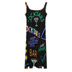 Sonoma Rebel black sleeveless midi dress with a vibrant neon cocktail and bar sign print. Features a tie waist and scoop neckline.