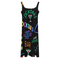 Sonoma Rebel black sleeveless midi dress with a vibrant neon cocktail and bar sign print. Features a tie waist and scoop neckline.