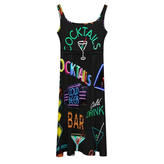 Sonoma Rebel black sleeveless midi dress with a vibrant neon cocktail and bar sign print. Features a tie waist and scoop neckline.