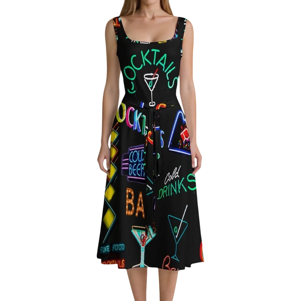Sonoma Rebel black sleeveless midi dress with a neon cocktail print, tie waist, and square neckline.