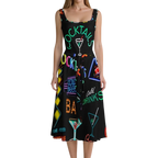 Sonoma Rebel black sleeveless midi dress with a neon cocktail print, tie waist, and square neckline.