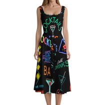 Sonoma Rebel black sleeveless midi dress with a neon cocktail print, tie waist, and square neckline.