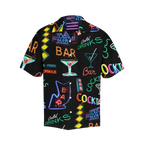 Sonoma Rebel black Hawaiian shirt with neon cocktail and bar signs print. Short sleeves, notch collar, polyester-spandex blend.