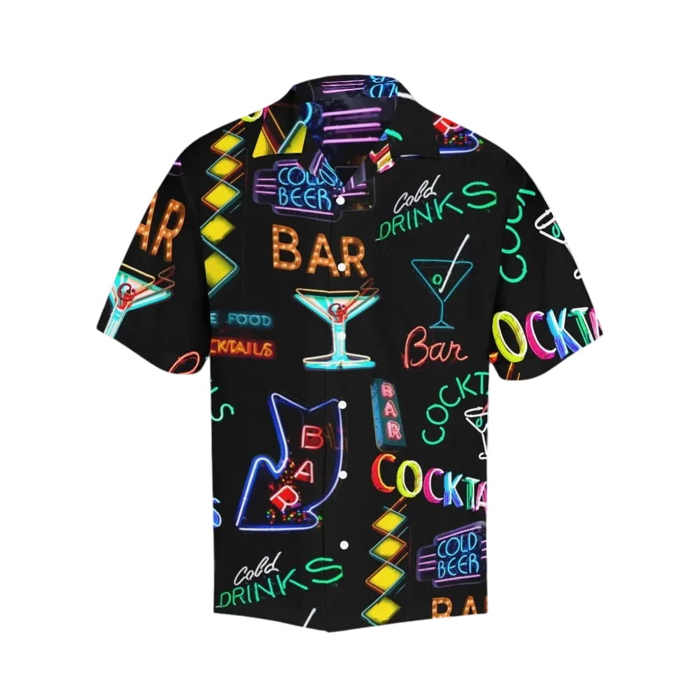 Sonoma Rebel black Hawaiian shirt with neon cocktail and bar signs print. Short sleeves, notch collar, polyester-spandex blend.